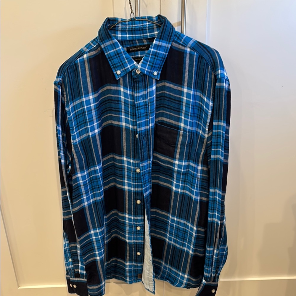 Banana Republic Blue and Black Casual Button Down Shirt